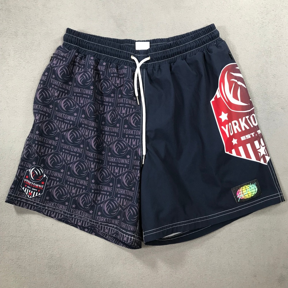 Slunks Yorktowne Shorts Mens M Navy Excellent Volleyball Graphic Split Design